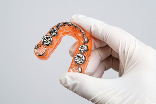 Orthodontist hand in white glove holds orange removable dental plate for lower jaw. Professional dentist shows pediatric orthodontic appliance for teeth alignment, bite correction. Medical specialist