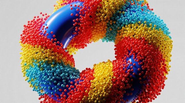 Colorful 3D abstract background with blue torus covered in red yellow and cyan spheres. Modern digital art texture for creative design and decoration.