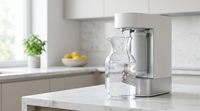 Modern white water purifier machine dispensing pure water into glass carafe, sleek countertop water filtration system in bright kitchen interior