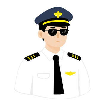 illustration of a male pilot wearing a white uniform, captain hat, sunglasses, black tie, and yellow shoulder insignia