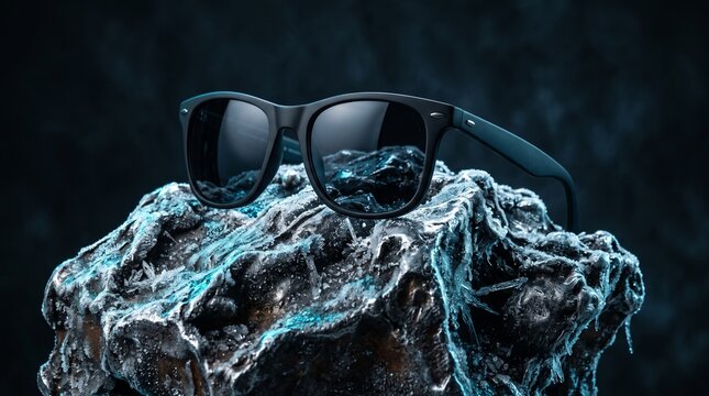 Black men's sunglasses displayed on a rugged frosted metallic sculpture with electric cyan and ice blue highlights, creating a bold futuristic luxury eyewear concept.