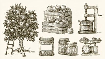 Fototapeta premium An orchard scene with apple picking, stacked fruit crates, a cider press, and jars for preserving fruit.