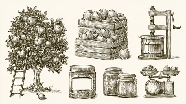 An orchard scene with apple picking, stacked fruit crates, a cider press, and jars for preserving fruit.