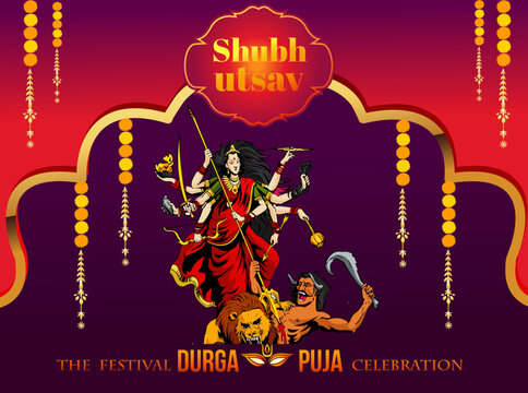 illustration of Goddess Durga in Happy Dussehra Navratri background with text in Hindi Maa Durga meaning Mother Durga
