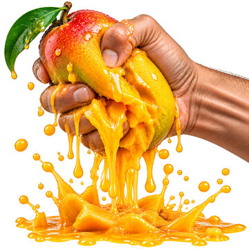 Juicy Mango Squeeze: A hand forcefully squeezes a ripe mango, releasing a cascade of fresh, vibrant juice and pulp, creating a refreshing and tantalizing splash.