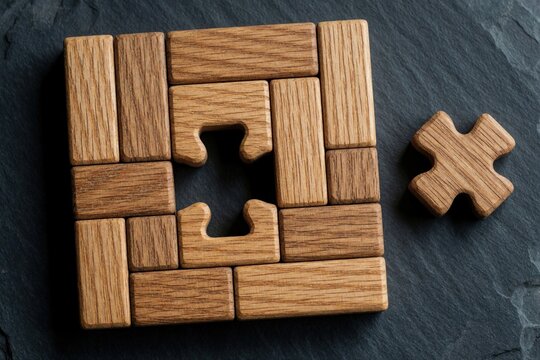 Wooden puzzle with one missing piece on dark slate background. Brown wooden blocks form square shape. Concept of problem solving, team work, missing element, business strategy, incomplete project,