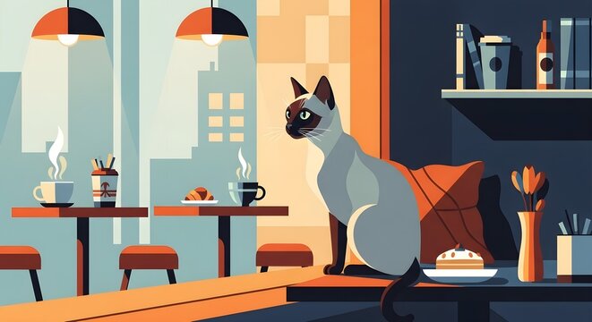 An illustration depicts a Siamese cat sitting gracefully in a cozy cafe.