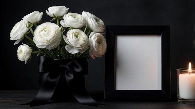 White ranunculus flowers in black vase with ribbon next to empty black photo frame, burning candle on dark table. Mourning still life composition for funeral memorial service. Sympathy tribute
