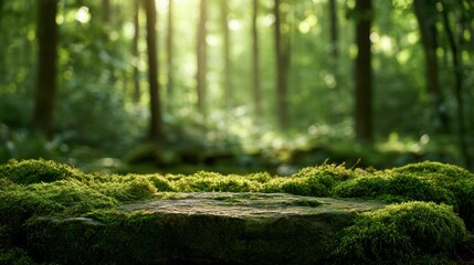 Fototapeta premium The scene shows an empty mossy stone surface with a blurred enchanted forest in the background. Natural light filters through the trees.