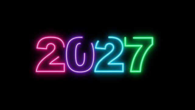 Colorful neon 2027 numbers with glowing animated light trails, futuristic digital countdown concept, vibrant luminous typography on black background.