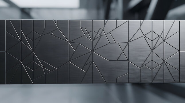 A textured metal surface with a geometric pattern, creating a modern and abstract design. The metallic sheen and sharp lines suggest a contemporary aesthetic.