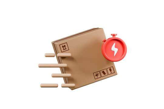 3d box, stopwatch and lightning icon. fast delivery concept. minimal cartoon parcel with speed lines for logistics and ecommerce. isolated on white transparent background. 3d render.