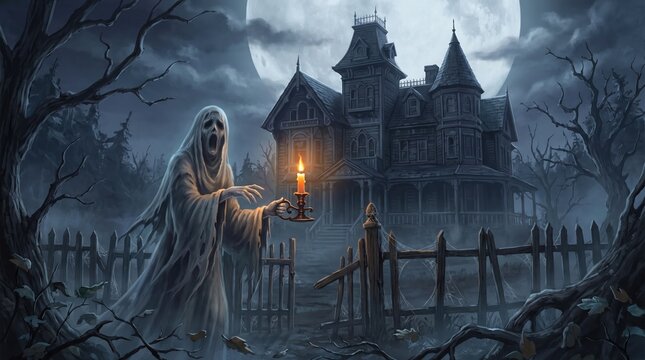Ghost figure with lantern in spooky graveyard under full moon light Halloween dark fantasy landscape concept background