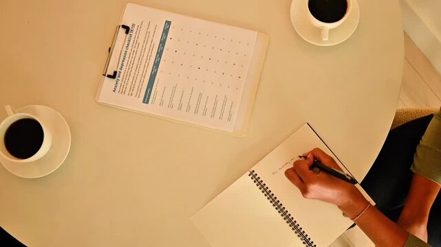 Top Down View of a Person Writing in a Notebook Next to a Mental Health Anxiety and Depression Checklist Form and Coffee on a Table