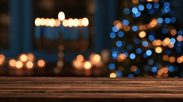 Bright lights of a Hanukkah menorah shine in the background while an empty wooden table surface is present in the foreground for decoration.