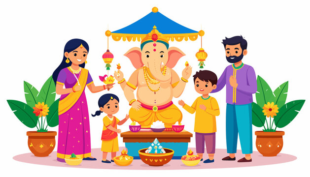 Happy Family Celebrating Ganesh Chaturthi Festival with Lord Ganesha Idol Illustration Vector