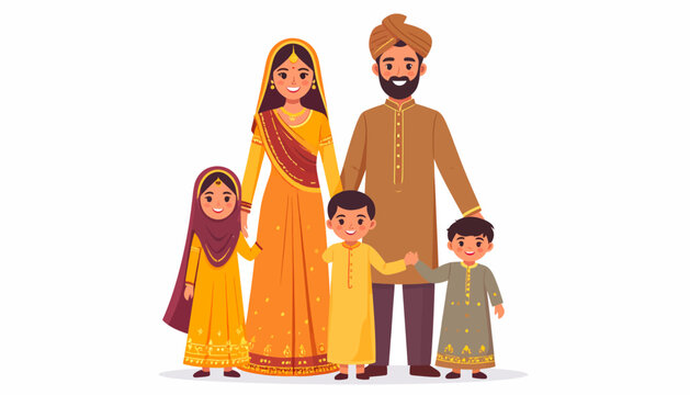 Traditional Indian Family Illustration with Parents and Three Children in Cultural Attire for Family Concepts