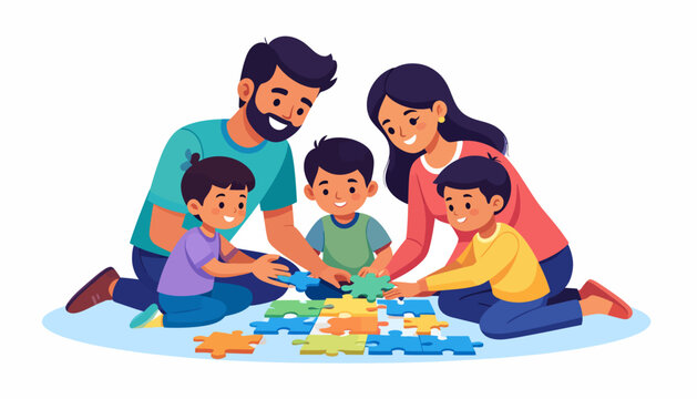 Happy Family Playing Jigsaw Puzzle Together in Modern Flat Vector Illustration Style