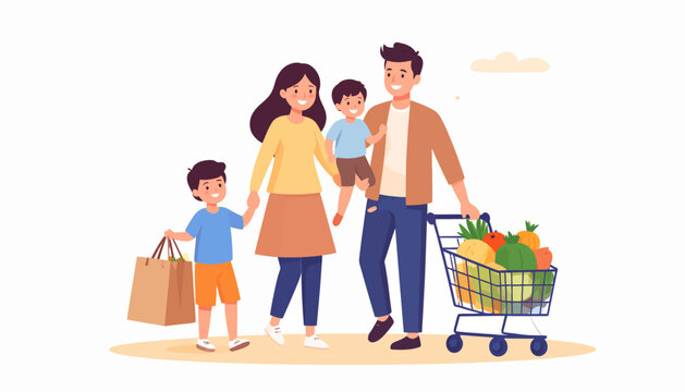 Happy Family Grocery Shopping Together with Shopping Cart and Bags in Flat Vector Illustration Style