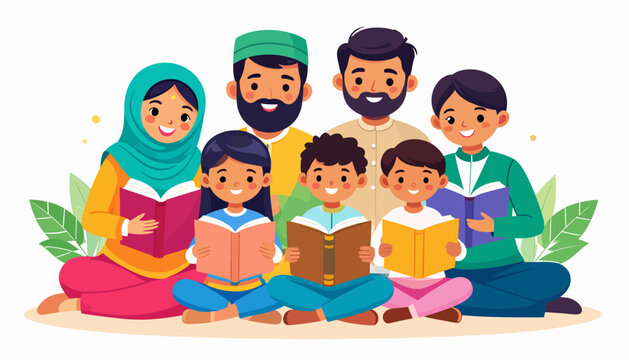 Diverse Muslim Family Reading Books Together in Flat Vector Illustration Style for Education Concept Design