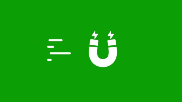 White magnet with lightning bolts attracts speedy lines on green background animation.