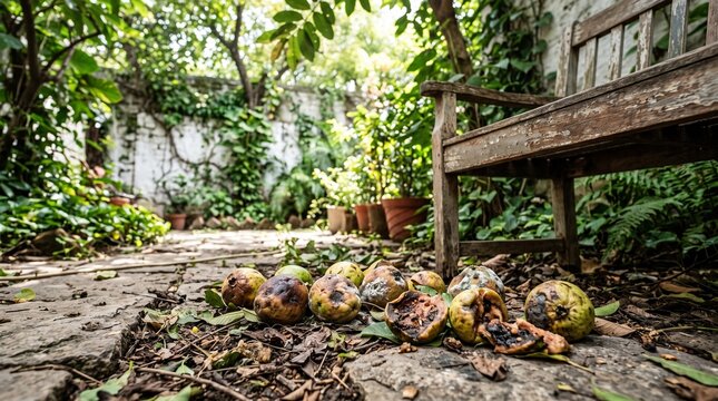 outdoor scene featuring spoiled guavas with bruised surfaces, dark patches, and visible decay scattered near a rustic garden structure, representing fruit waste, food loss, and organic deterioration.