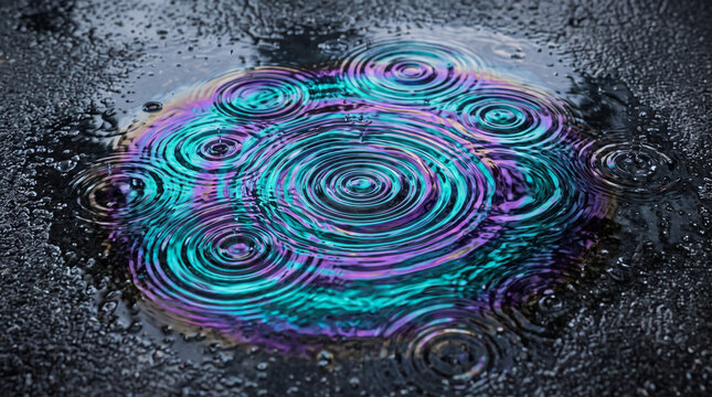 Rain ripples on oil slick create vivid turquoise and violet rings across dark wet pavement, forming abstract pattern with striking contrast