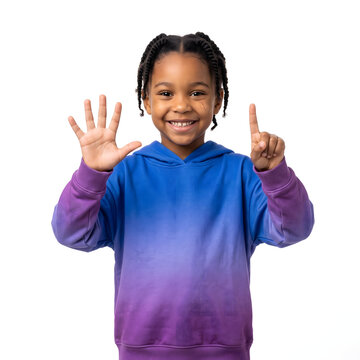 Smiling young Black girl in a blue and purple gradient hoodie holding up six fingers isolated on a white background