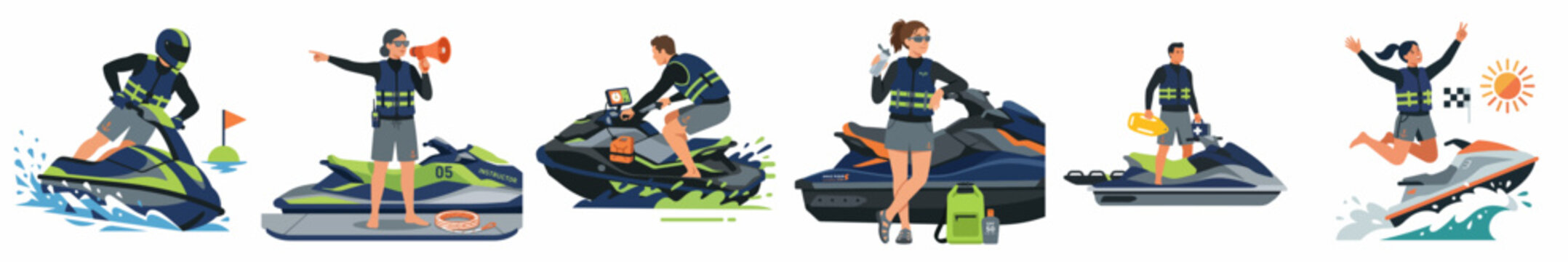 Collection of flat vector illustrations featuring people enjoying various jet ski activities, including riding, posing, and jumping on the water.