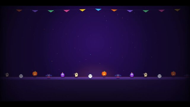Minimalist Halloween monster masquerade animation featuring cute cartoon ghosts, pumpkins, bats, and mummies dancing on a dark purple background with festive colorful bunting flags for children.