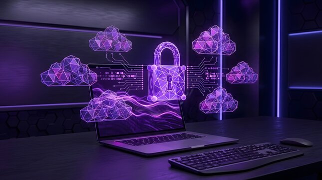 Neon purple digital padlock icon floating above a laptop keyboard symbolizing cloud data security and online cyber protection