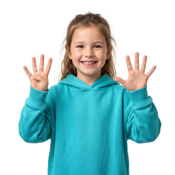 Smiling young girl in a turquoise blue hoodie holding up nine fingers isolated on a white background