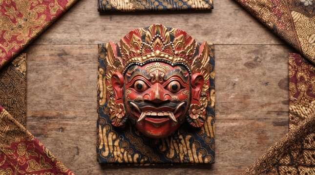 Traditional Cirebon Mask with Batik Fabric on Wooden Background
