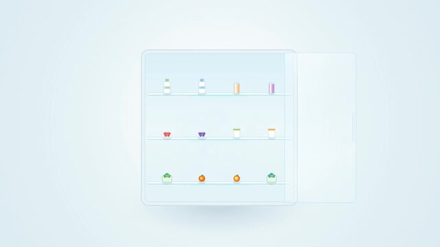 Minimalist 2D vector animation of an open refrigerator with fresh groceries, bottles, and jars appearing on clean glass shelves, representing healthy lifestyle, organization, and food storage.