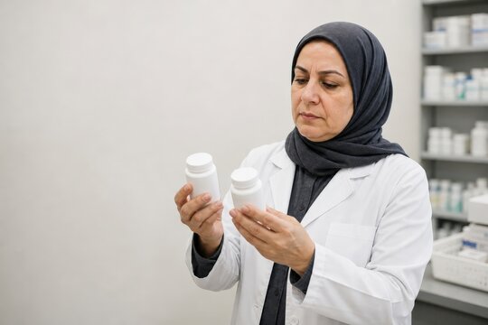 Middle Eastern pharmacist comparing container labels before a hospital medication reconciliation callback