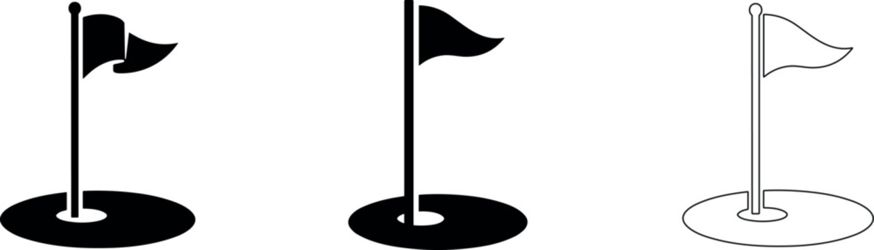 Set of golf hole icons with flags, vector illustration of putting green markers for sports and golf course design
