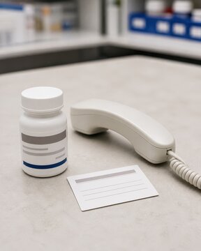 Hospital medication reconciliation container beside a callback receiver and comparison card