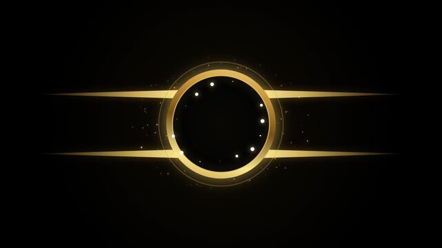 Gold circular frame with glowing particles and light flares motion background, circle ring luxury