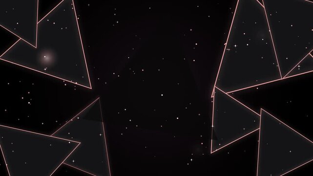 Abstract geometric background, with floating rose, gold triangles and, glowing particles