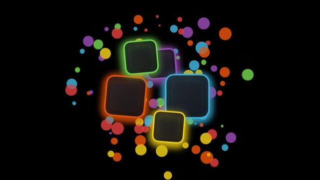 Neon glowing rounded squares with floating colorful bokeh particles background