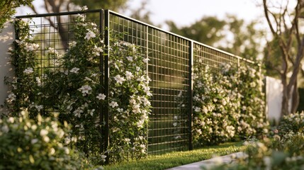 Fototapeta premium A metal grid structure supports climbing plants like wisteria or clematis in a garden. The design promotes privacy and enhances the space.