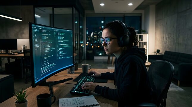 Young Woman Programmer Coding Late at Night in Modern Office with City Lights View and Futuristic Computer Setup