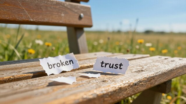 Torn paper pieces spelling 'broken' and 'trust' on a park bench in a sunny field.
