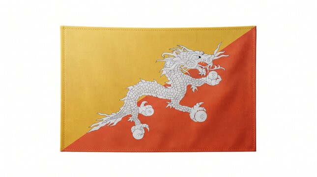 Bhutan national flag with white dragon emblem on orange and red diagonal background