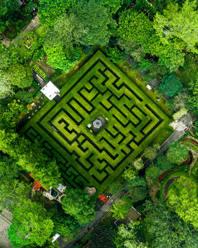 Aerial view of the square hedge maze at Coban Rondo Waterfall surrounded by lush green trees and tropical foliage in Kecamatan Pujon, Jawa Timur, Indonesia.