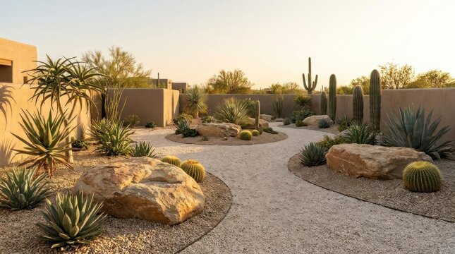 Modern desert landscaping with cacti and gravel pathway.