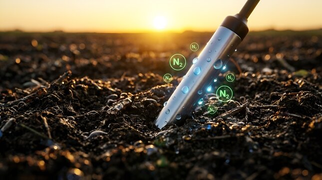 Smart Agriculture Soil Sensor Probe Measuring Nitrogen Levels and Moisture in Field at Sunset