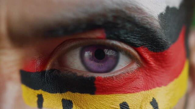 Extreme macro photorealistic footage of a fictional adult male football supporter's eye, deep violet purple iris with German flag face paint