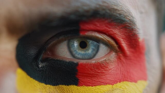 Extreme macro photorealistic footage of a fictional adult male football supporter's eye, bright ice blue iris with German flag face paint