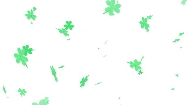 Green shamrock leaves falling animation on white background
